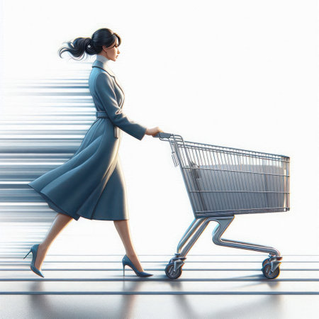 Girl in elegant coat with trolley in motion. Space for textの素材