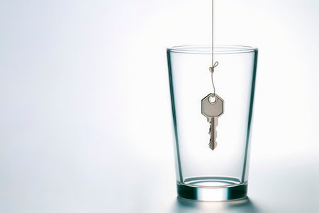 The key is suspended in a transparent glass. Space for textの素材