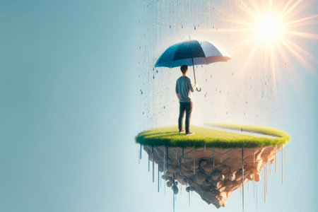A man with an umbrella on a flying island in the rain and sun. Space for textの素材