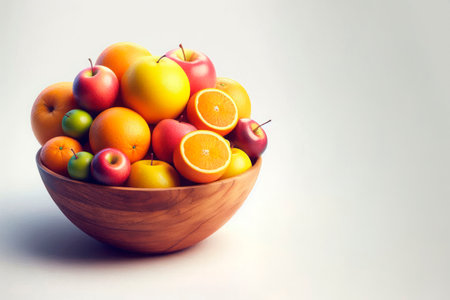 A wooden bowl filled with fruit. Space for textの素材