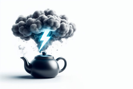 A black teapot with a thundercloud and lightning. Space for textの素材