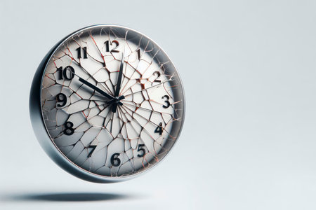 A broken wall clock with a web of cracks. Space for textの素材
