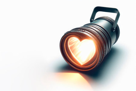 A flashlight with a heart-shaped lens that emits light. Space for textの素材