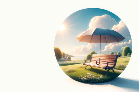 Park bench with umbrella in the background of nature. Space for textの素材