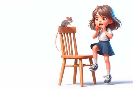 The girl looks frightened at the mouse on the chair. Space for textの素材