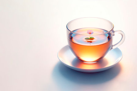 A cup of tea with a floating flower. Space for textの素材