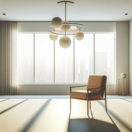 Designer chandelier above the armchair in the room with a panoramic windowの素材