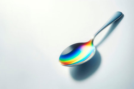 Spoon with rainbow reflection. Space for textの素材