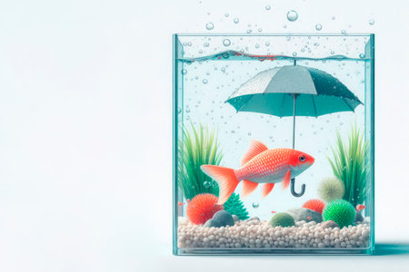 Fish in an aquarium under an umbrella. Space for textの素材