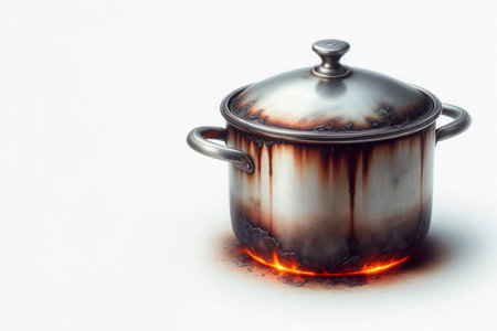 A burnt saucepan on the fire. Space for textの素材