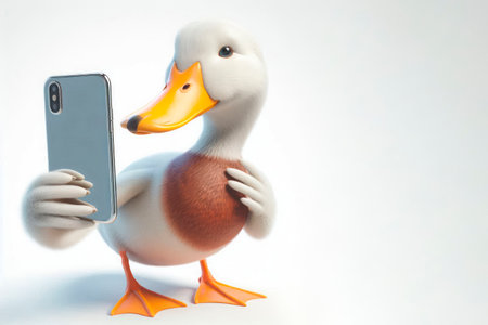 Duck taking a selfie on her phone. Space for textの素材