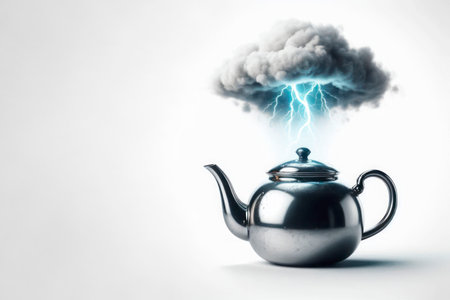 A teapot with a thundercloud and lightning. Space for textの素材