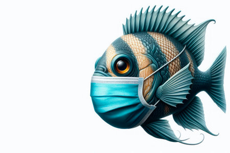 Fish in a medical mask on a light background. Space for textの素材