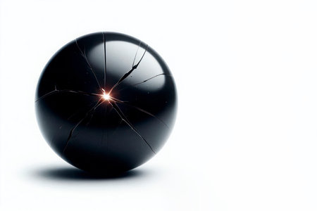 A black cracked sphere with a bright light inside. Space for textの素材