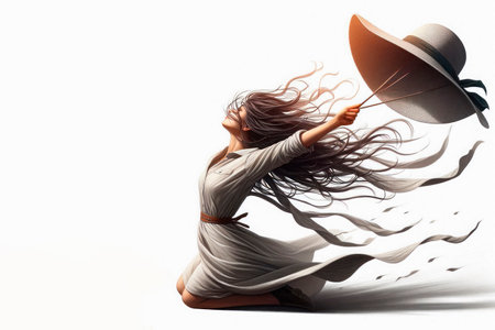 A woman in a white dress holding a hat in the wind. Space for textの素材