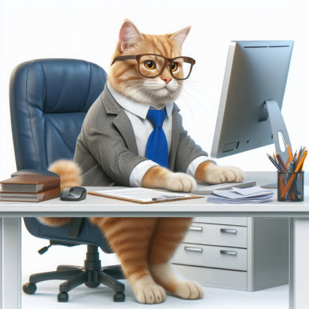 A cat in a business suit is working at a computerの素材