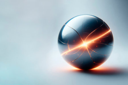 A cracked metal ball with shining rifts. Space for textの素材