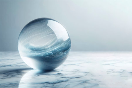 A glass ball with swirls inside on a marble surface. Space for textの素材