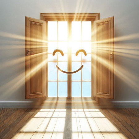 An open window with sunlight and a smile on the glassの素材