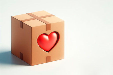 A cardboard box with a heart cut out in it. Space for textの素材