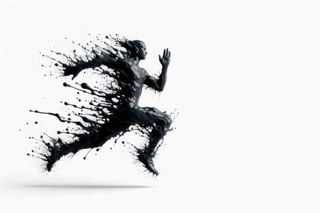 A black figure of a running man consisting of splashes. Space for textの素材