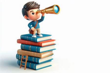 Cartoon boy with a telescope on a stack of books. Space for textの素材