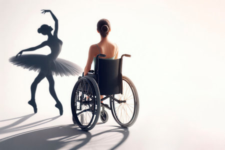 A girl in a wheelchair and her ballet dream. Space for textの素材