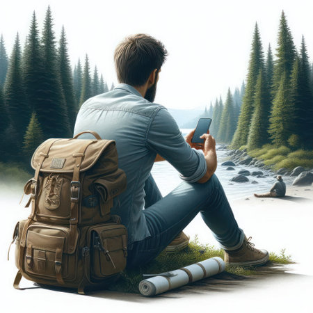 A man with a backpack against the background of a mountain landscapeの素材