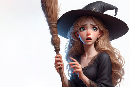 A young witch in a hat with a broom, surprised and frightened. Space for textの素材