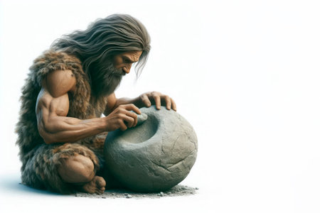 A realistic depiction of a primitive man working with stone. Space for textの素材