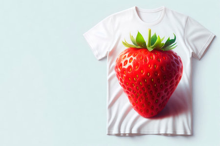 White t-shirt with a large realistic strawberry print. Space for textの素材