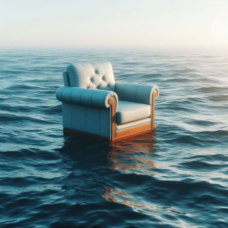 A single chair drifting in the open sea at sunsetの素材