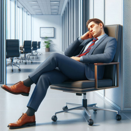 A tired businessman sleeps in an office chair in a modern officeの素材