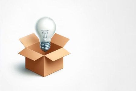 A light bulb comes out of the box, symbolizing an idea. Space for textの素材