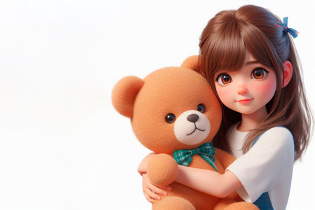 Little girl hugging brown teddy bear. Space for textの素材