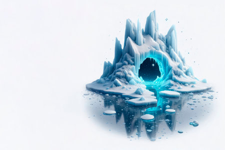 An ice cave with a space portal among icebergs. Space for textの素材
