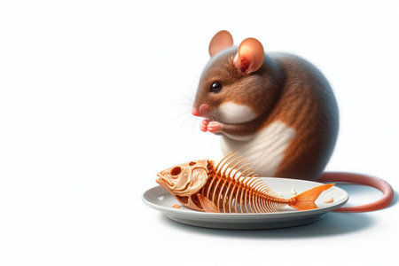 Mouse next to a fish skeleton on a plate. Space for textの素材