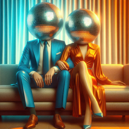 A couple with disco balls instead of heads, sitting on a couchの素材