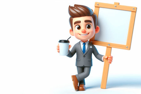 3D businessman with coffee and blank sign. Space for textの素材