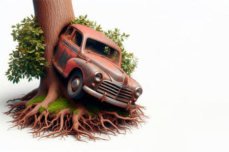 An old rusty car has grown into a tree with powerful roots. Space for textの素材