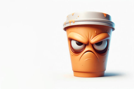 An angry coffee glass is like a caricature of the morning. Space for textの素材