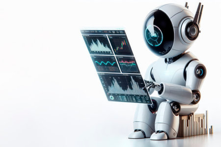The robot analyzes graphs and data on a transparent digital display. Space for textの素材