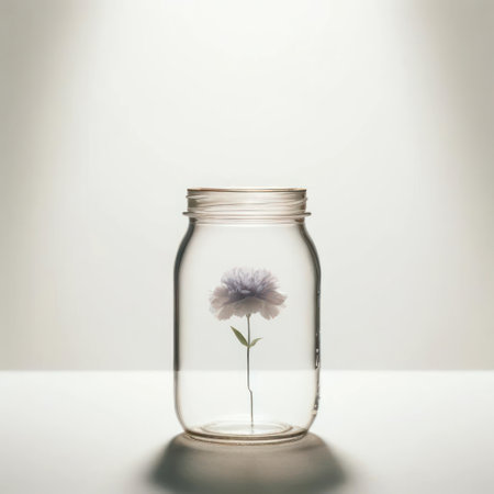 A lonely flower in a glass jar under a beam of lightの素材