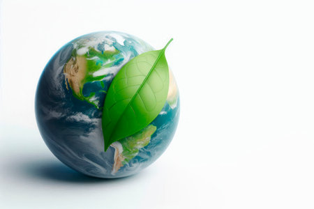 Planet Earth with a green leaf on the surface. Space for textの素材