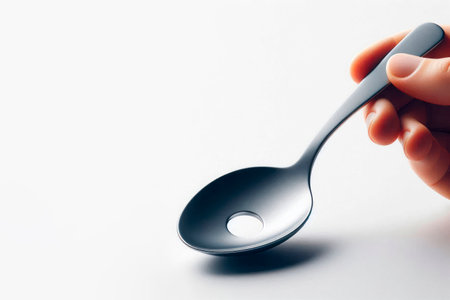 Spoon with a hole in the center on a light background. Space for textの素材