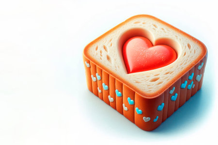 A cube-shaped piece of bread with a heart inside. Space for textの素材