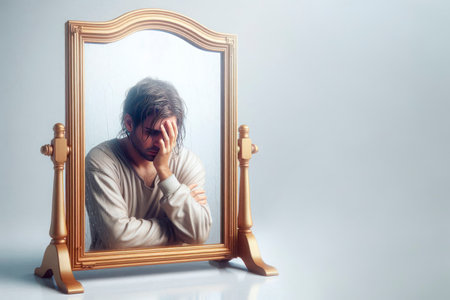 A sad man is reflected in a mirror with a wooden frame. Space for textの素材