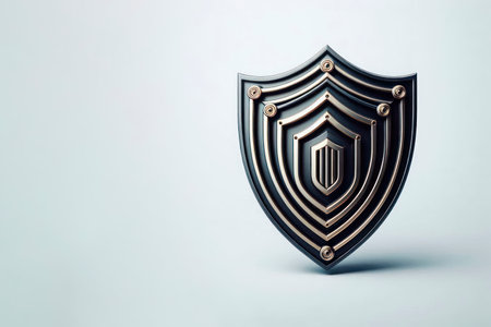 A metal shield in the style of cybersecurity. Space for textの素材
