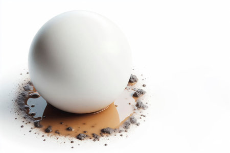 A white ball lying on a dirty surface with liquid stains. Space for textの素材