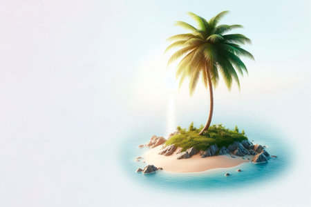 A solitary tropical island with a palm tree. Space for textの素材